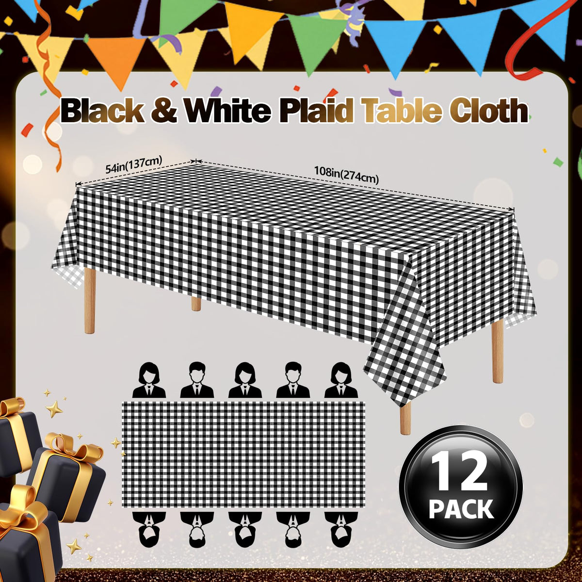 Dualshine 54x108 inch waterproof tablecloth shields a wooden table.