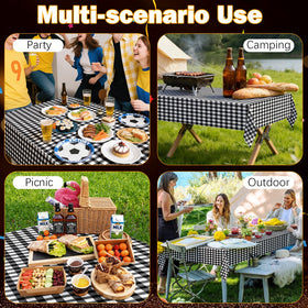 Dualshine rustic garden dining setup with sage-green gingham cloth.