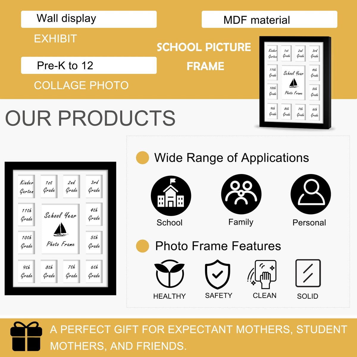 DUENPY wall-mount friendly frame with easy hanging for organized school memories