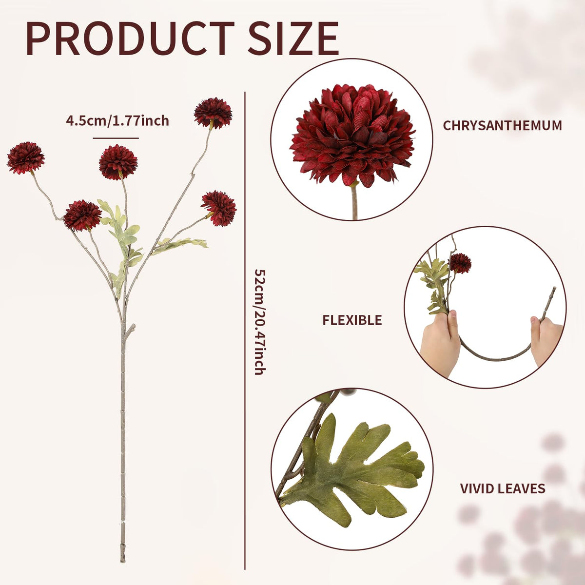 Duhouse burgundy silk mini chrysanthemum stems for DIY bouquets with 20 inch length.