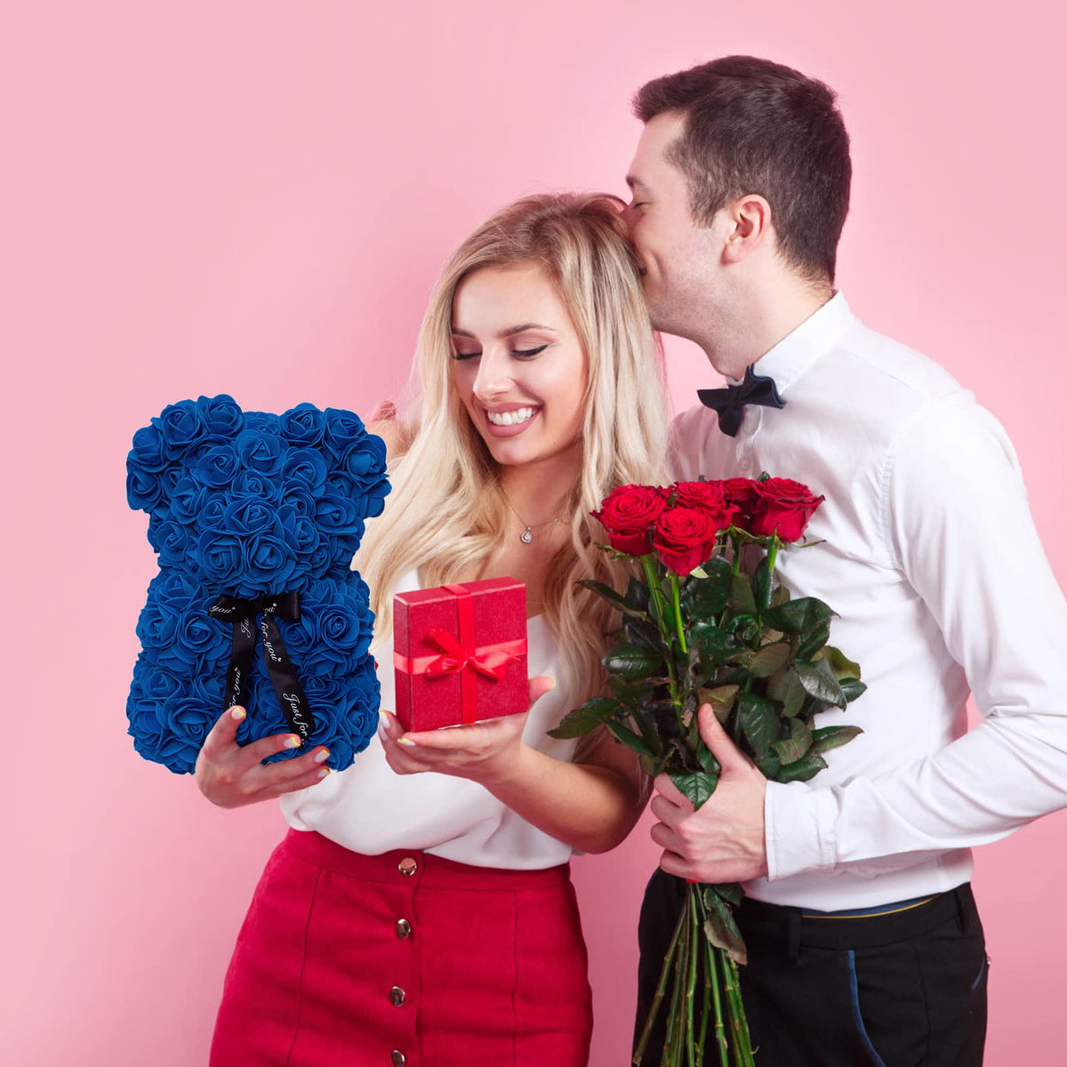 DuHouse Rose Bear in a royal blue ribbon box, ready to gift