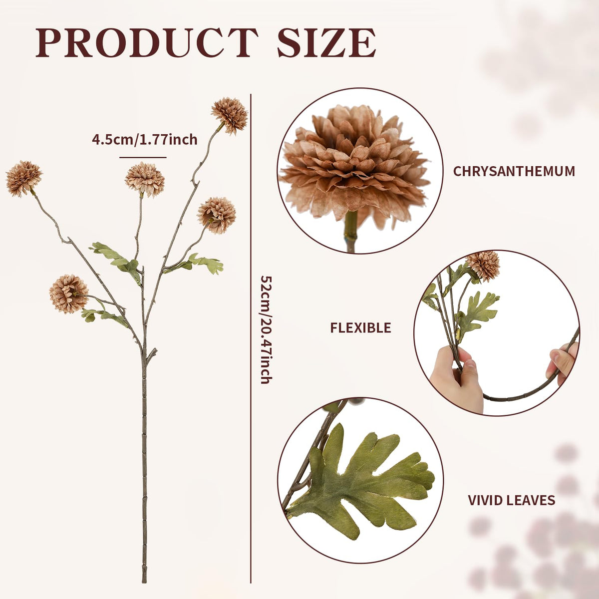 DuHouse silk chrysanthemum stems with 20-inch length for versatile vases.