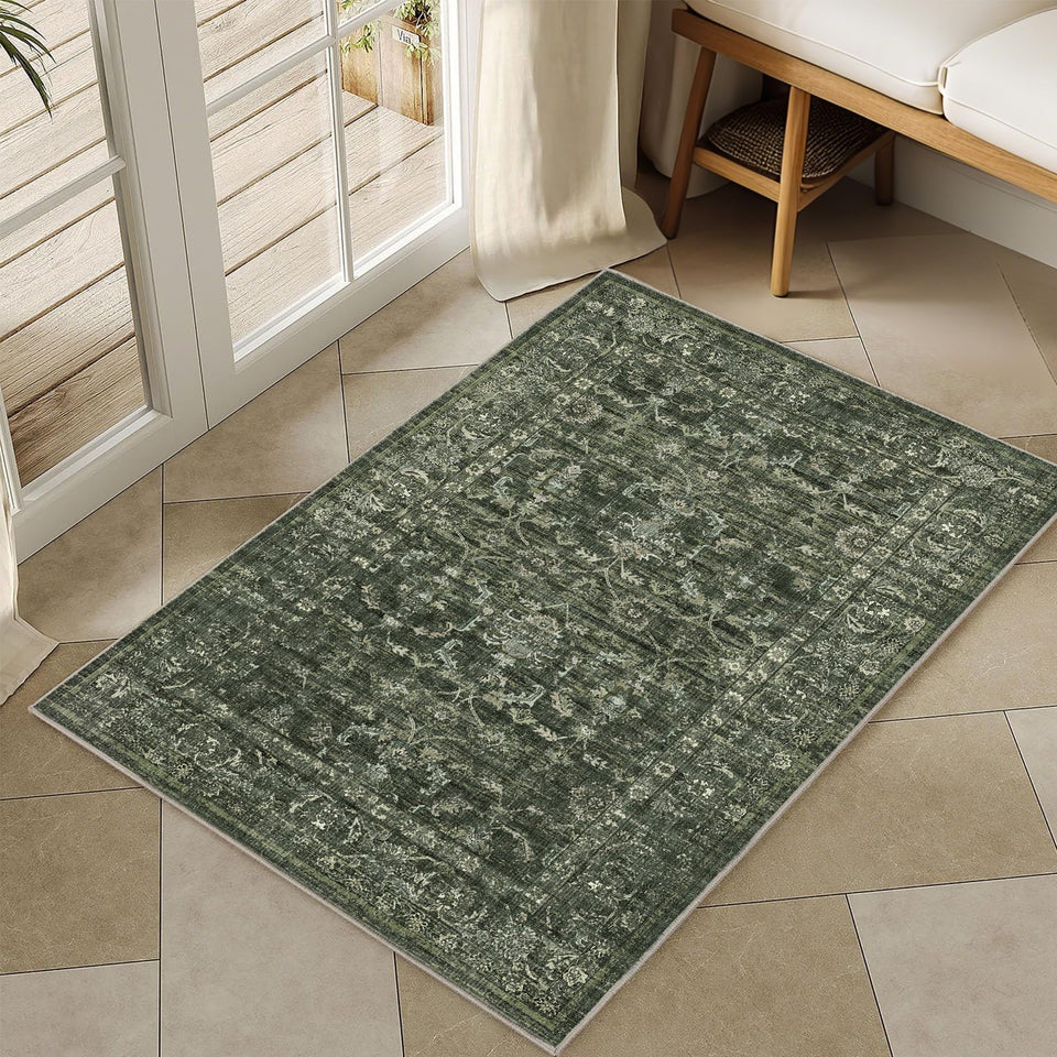 DUIDY washable area rug 2x3 green with distressed floral pattern, easy to clean and stylish.