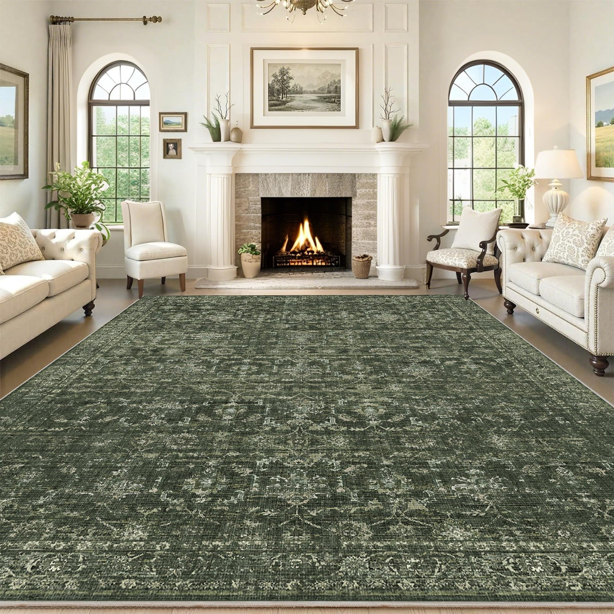 DUIDY washable area rug 8x10 green in living room with easy maintenance.