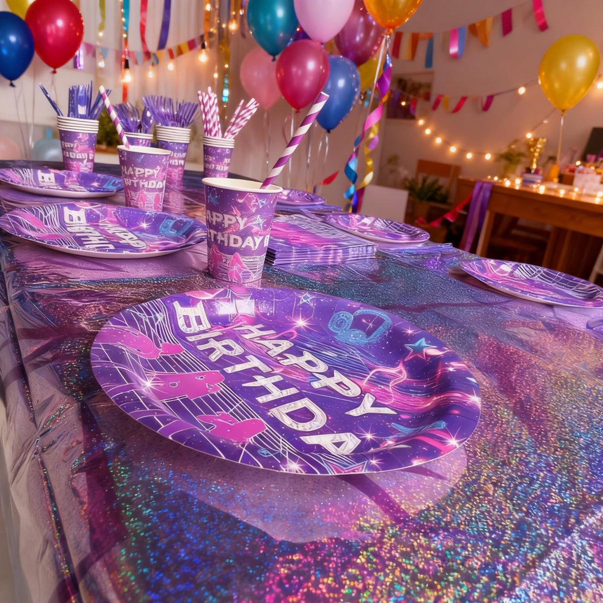 Duilahren holographic tablecloth with purple lightning boosts stage vibe.