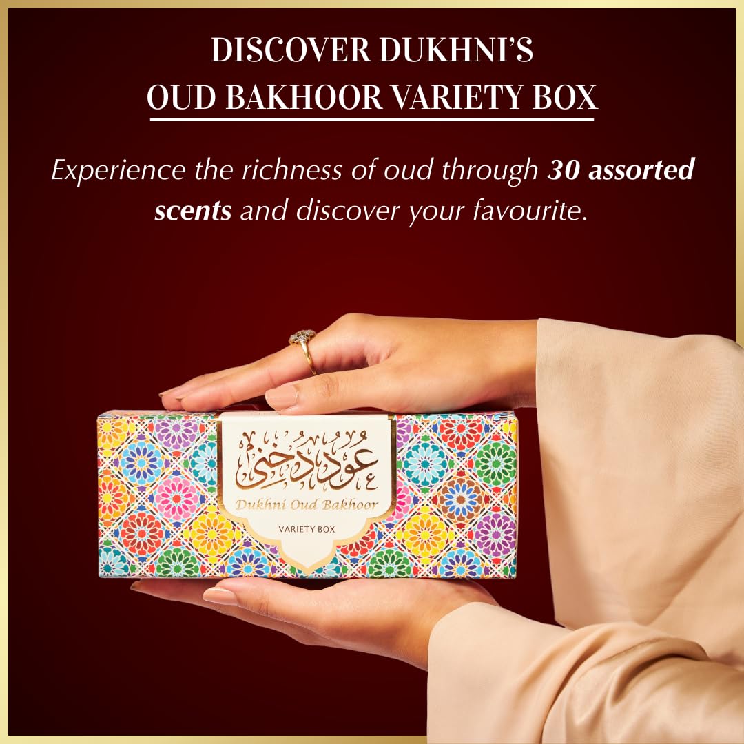 Dukhni Oud Bakhoor fragrance list image highlights diverse scents for mood-enhancing evenings.