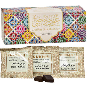 Dukhni Oud Bakhoor Variety Box cover showcasing 30 pieces for a rich home fragrance.