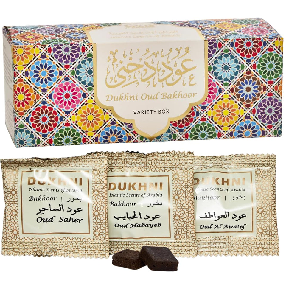 Dukhni Oud Bakhoor Variety Box cover showcasing 30 pieces for a rich home fragrance.