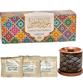 Dukhni oud bakhoor variety box close-up for fragrance exploration