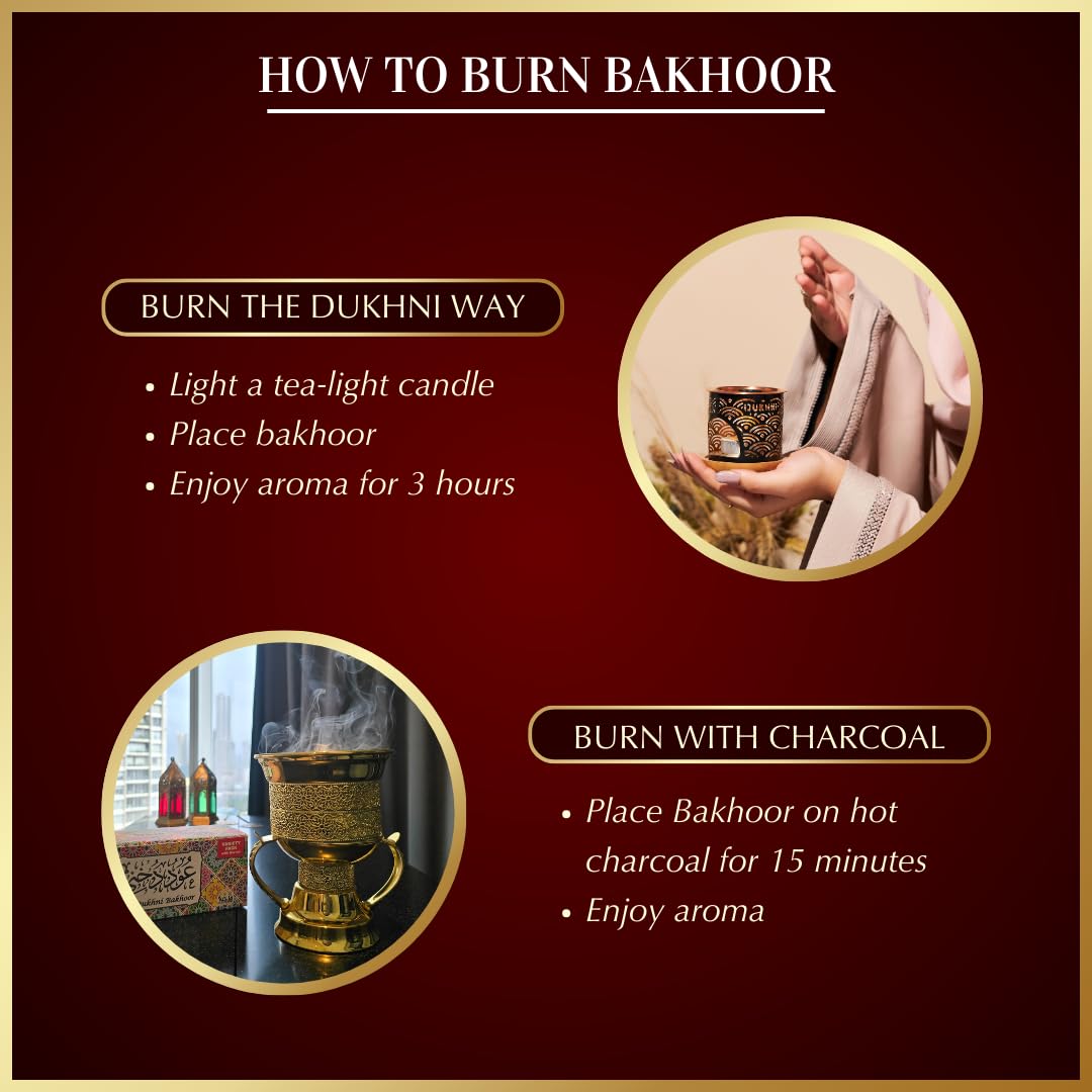 Dukhni Oud Bakhoor ambience image shows room-filling aroma for peaceful evenings.