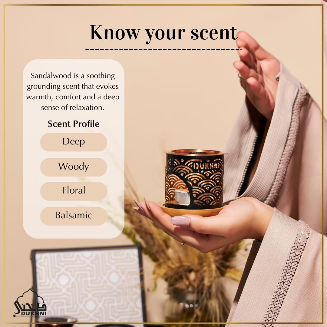Close view of sandalwood bakhoor pieces releasing warm aroma