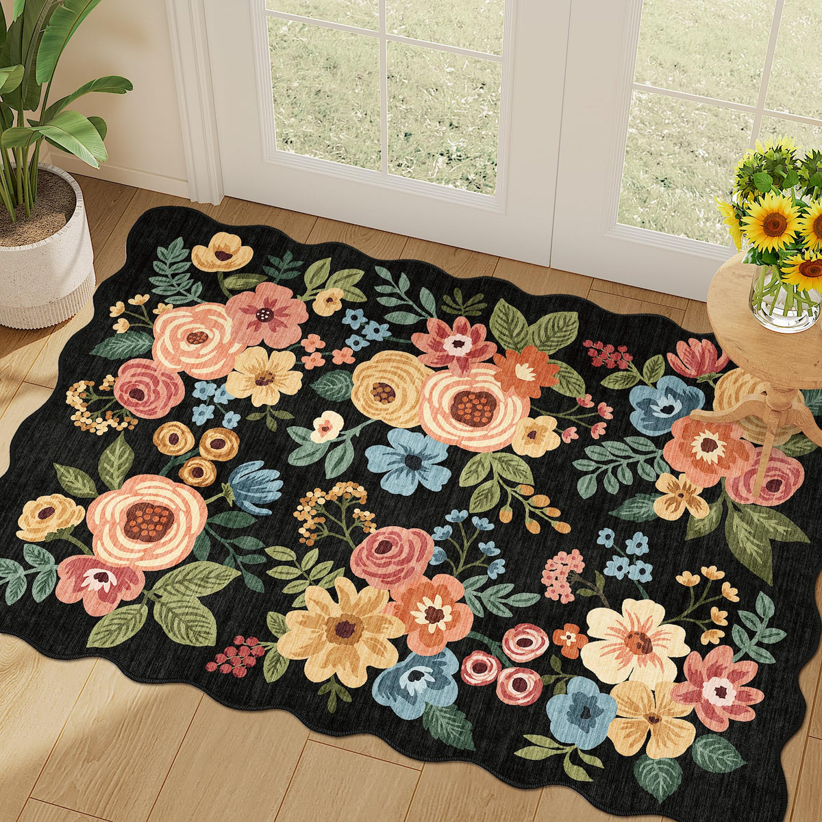 DUKINO 2x3 entryway rug floral motif close-up, durable low pile