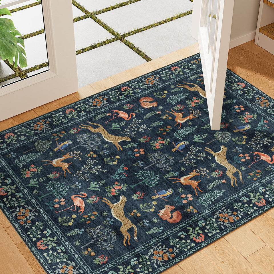 DUKINO 2x3 navy entryway rug with non-slip backing for safe, easy-to-clean entryways.