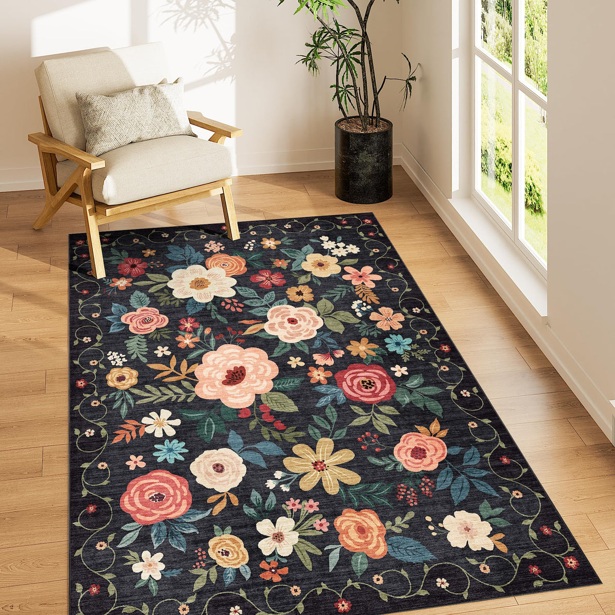 DUKINO 3x5 floral area rug with soft texture and non-slip backing for living rooms.