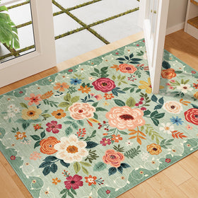 DUKINO boho low-pile rug green entryway fits under furniture.
