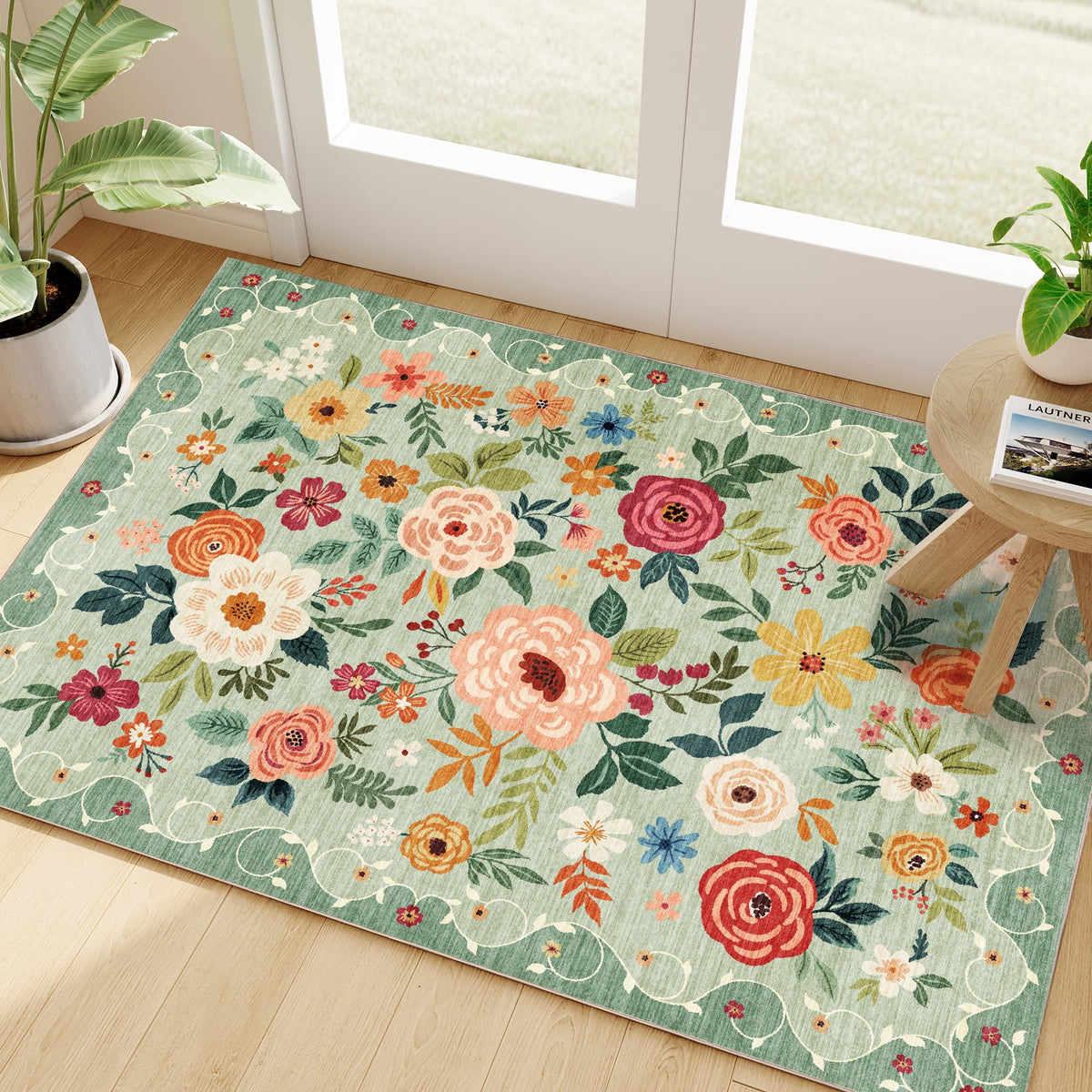 DUKINO entryway rug with floral green pattern offers a welcoming, durable touch.