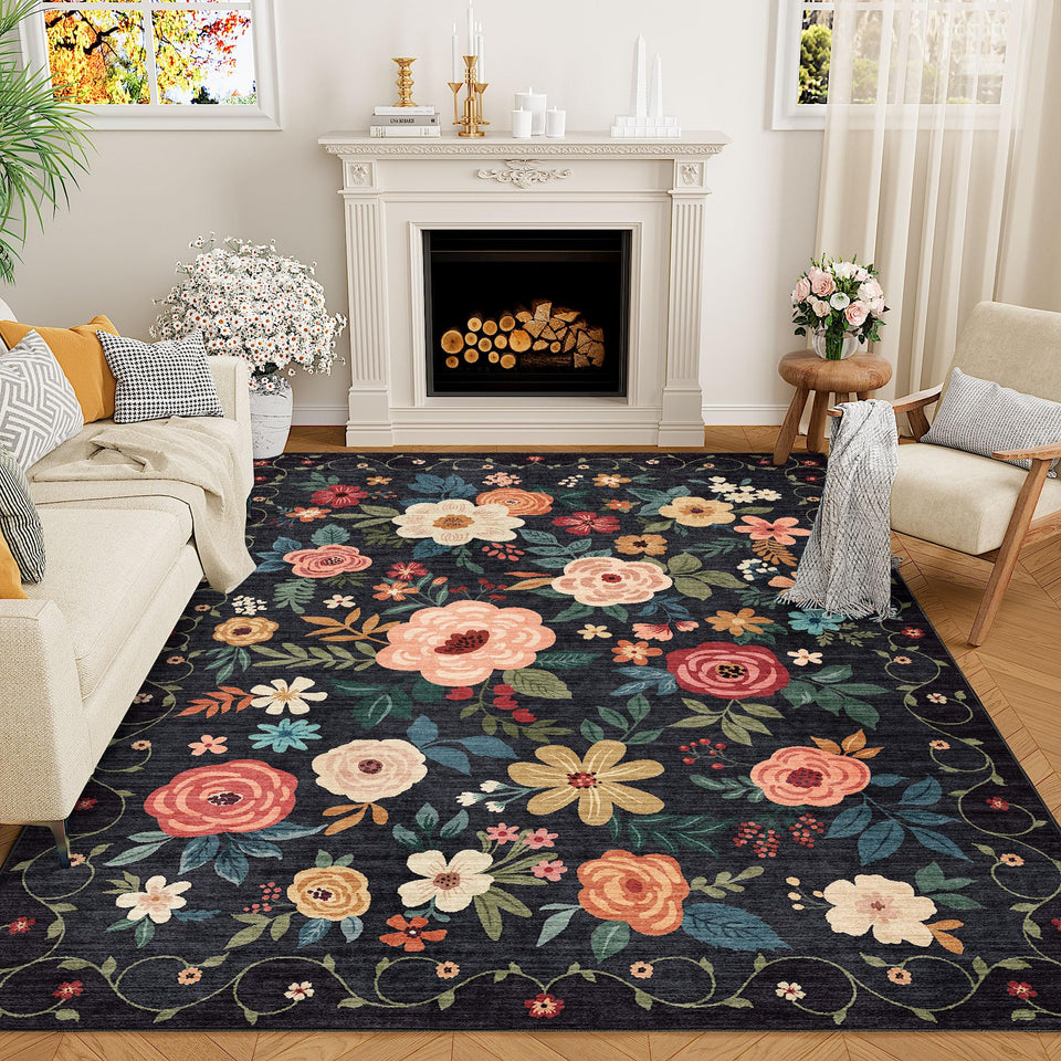 DUKINO floral design 5x7 rug adds colorful charm with easy care for living spaces