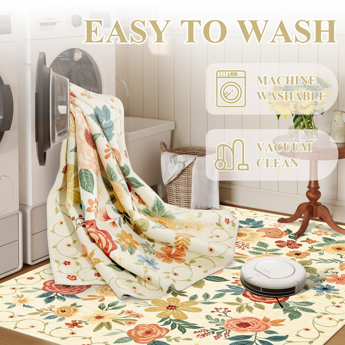 DUKINO floral rug bathroom beige-yellow washable for easy cleaning