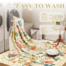 DUKINO floral rug bathroom beige-yellow washable for easy cleaning