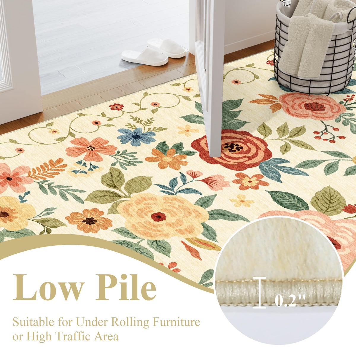 DUKINO floral rug bedroom beige-yellow vintage-floral design adds charming style