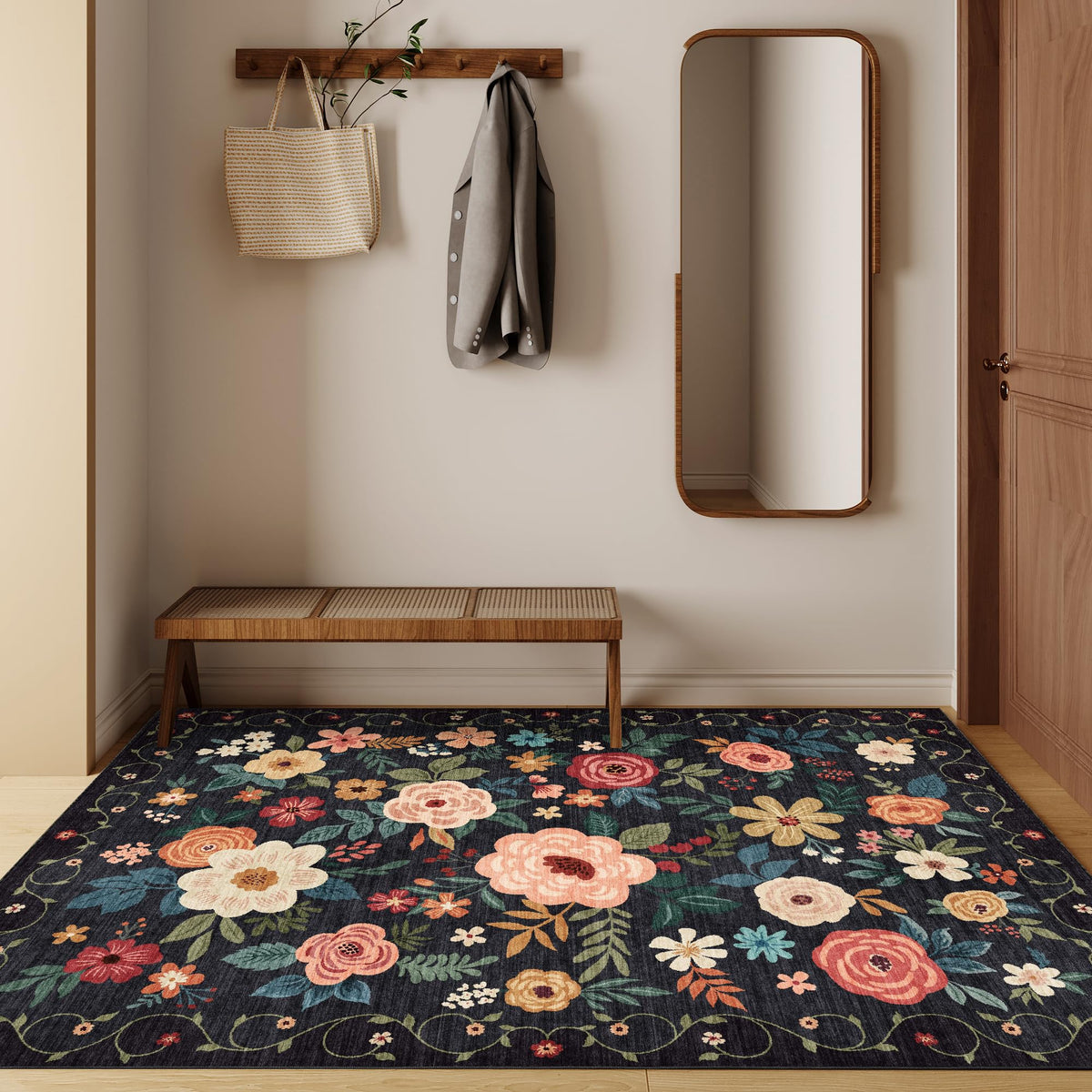 DUKINO floral rug for bedroom adds color and easy-care convenience.