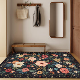 DUKINO floral rug for bedroom adds color and easy-care convenience.