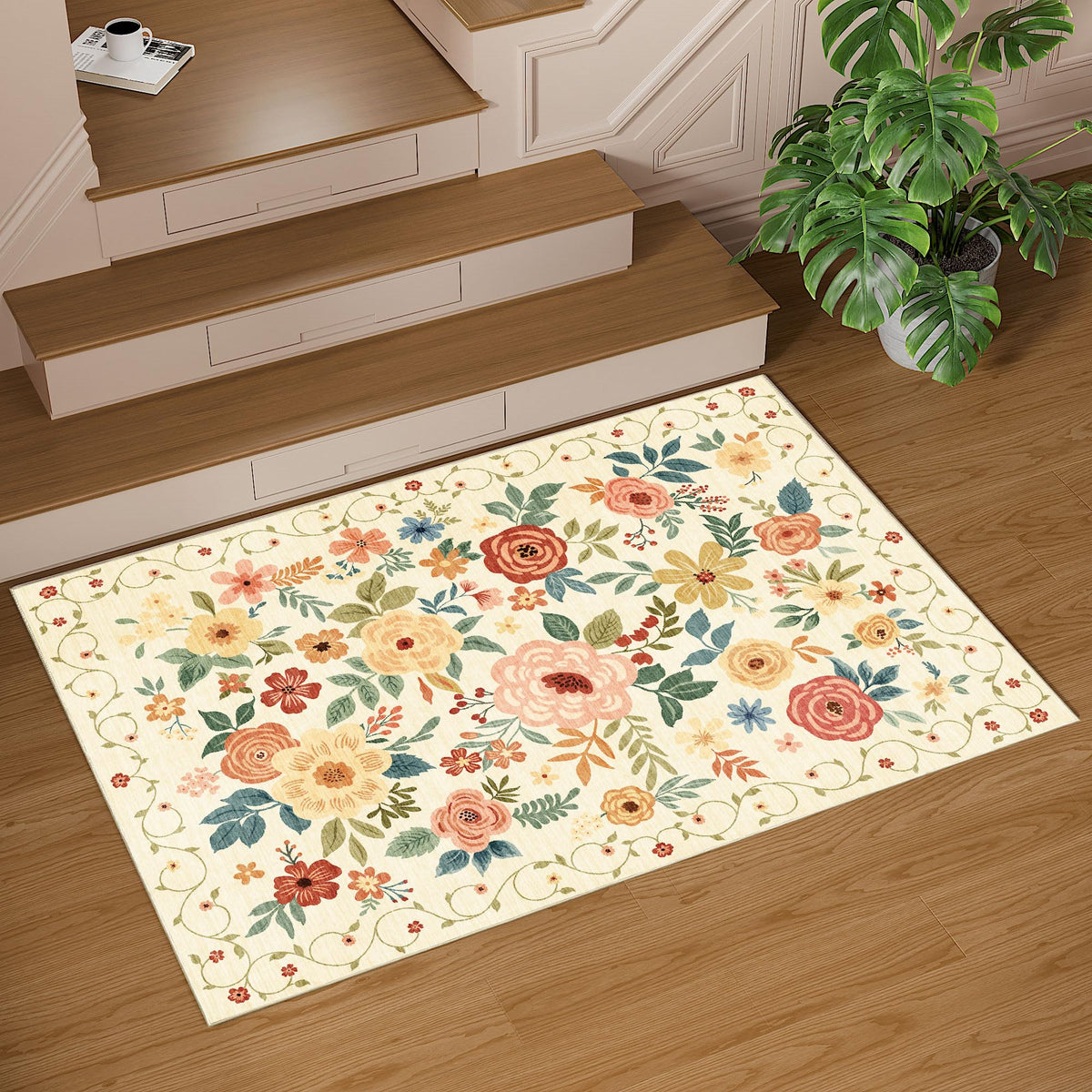 DUKINO floral rug cleaning care beige-yellow machine-washable option for convenience