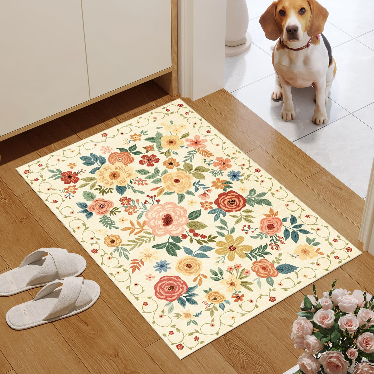 DUKINO floral rug entryway beige-yellow closeup-weave reveals durable edge construction
