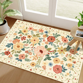 DUKINO floral rug entryway beige-yellow front view showing soft texture for high-traffic spaces