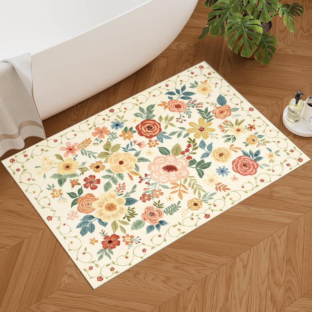 DUKINO floral rug entryway beige-yellow soft-pile offers cozy underfoot comfort