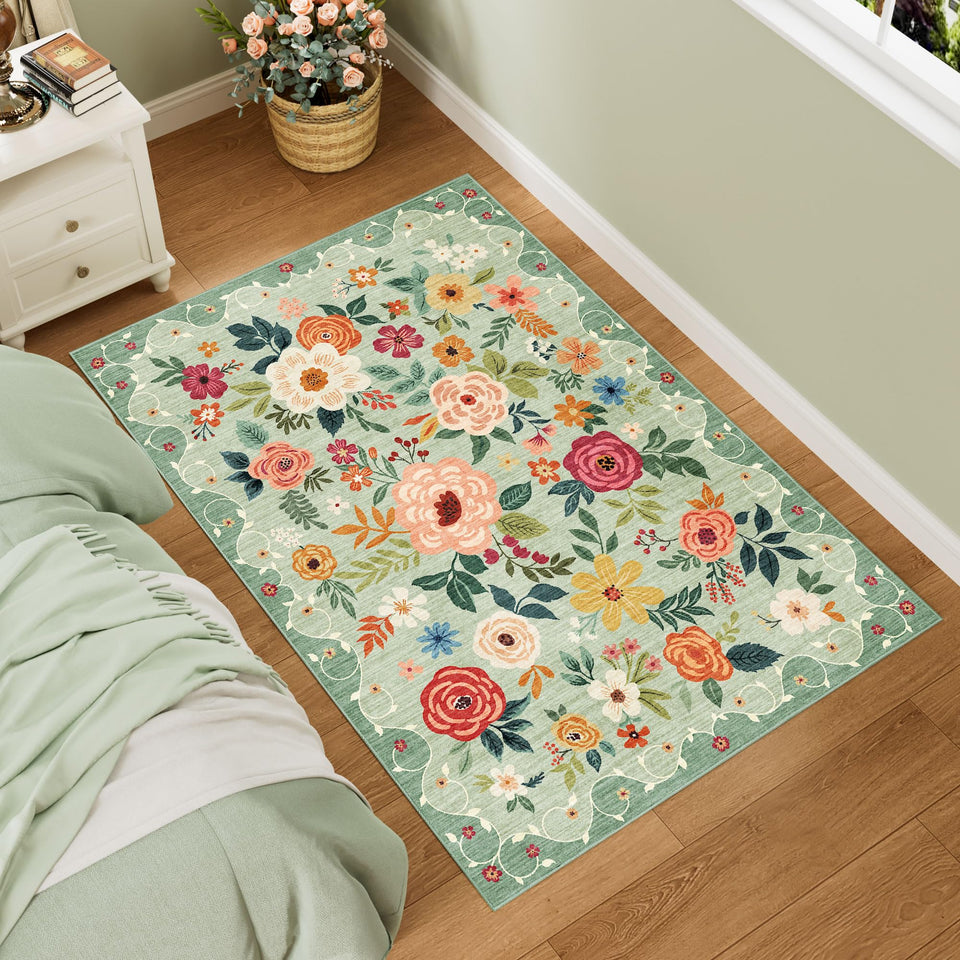 DUKINO floral rug in living room with vibrant green design, soft underfoot for family spaces.