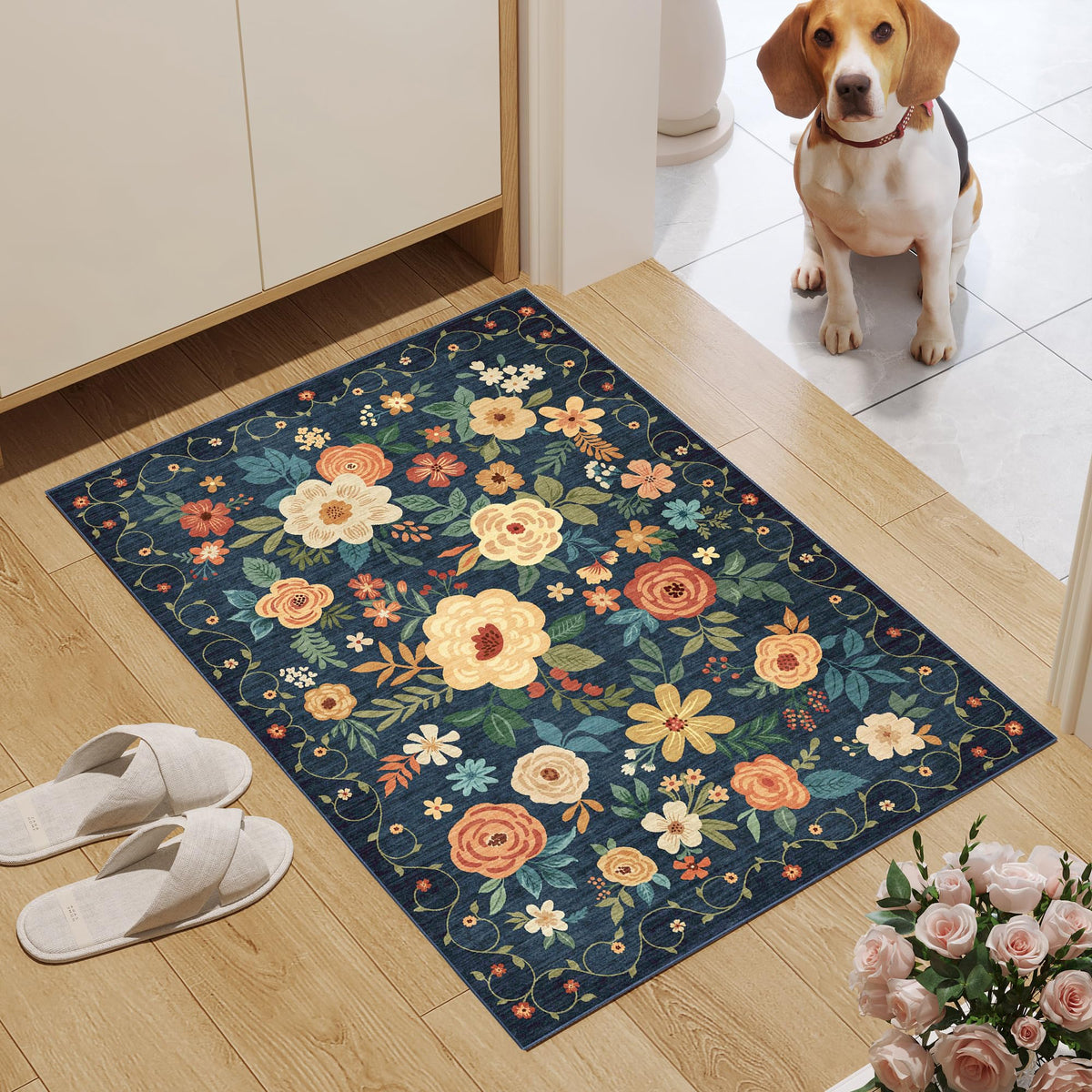 DUKINO floral rug texture close-up showing plush pile and reinforced edges.