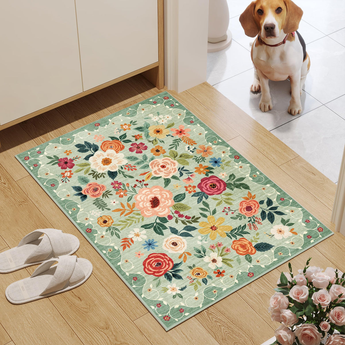 DUKINO front-door mat in green floral design is easy to clean.