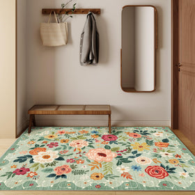 DUKINO low-pile rug 3x5 green, fits under furniture and does not obstruct doors.