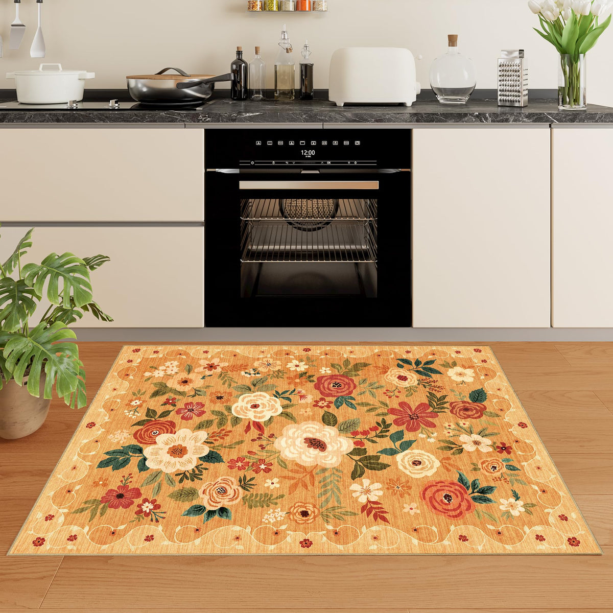 DUKINO non-slip back orange rug keeps mats in place during daily use.