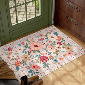 DUKINO non-slip backing keeps beige entry rug securely in place.