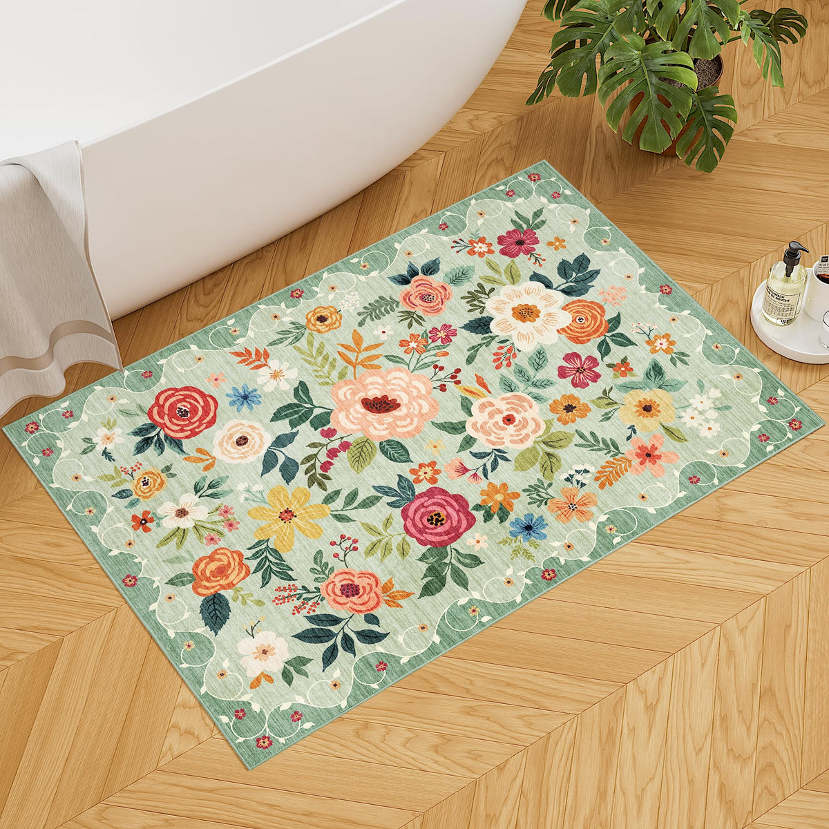 DUKINO non-slip backing keeps the green entryway rug in place.