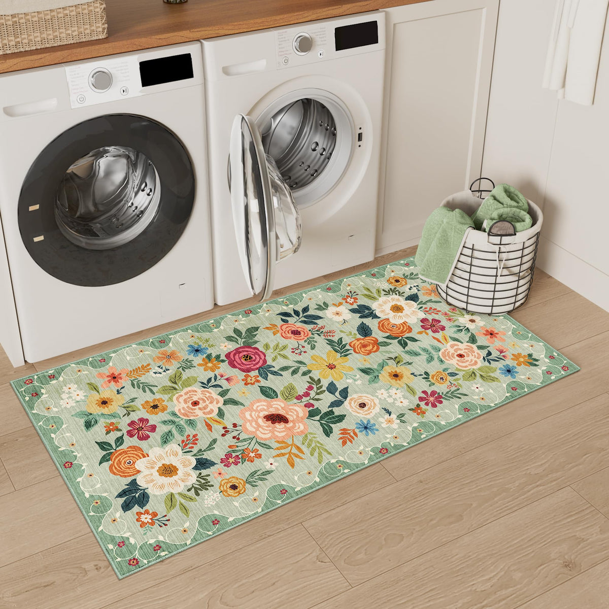 DUKINO washable floral rug ready for quick stain removal.