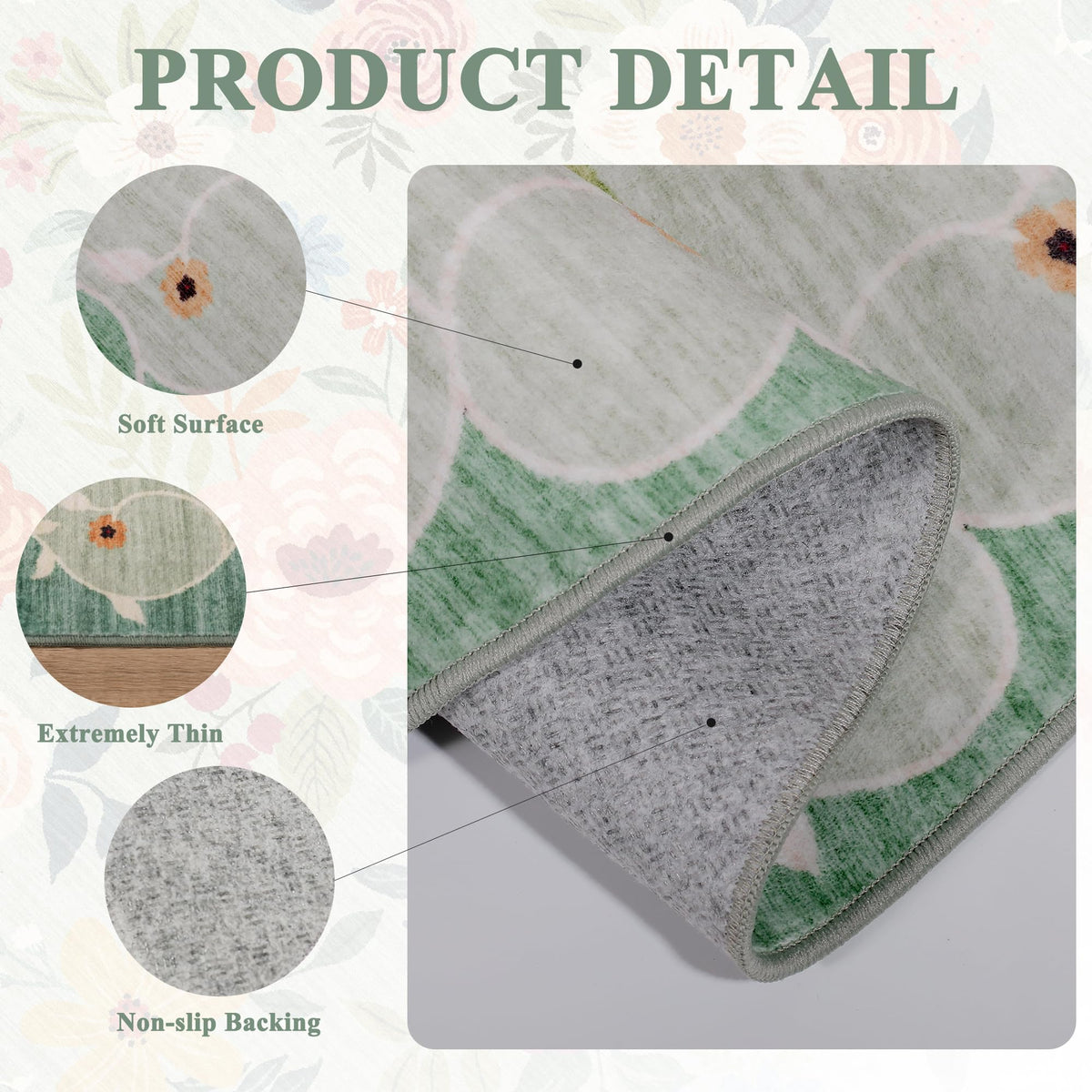 DUKINO washable floral rug, easy stain wipe-down for busy homes.