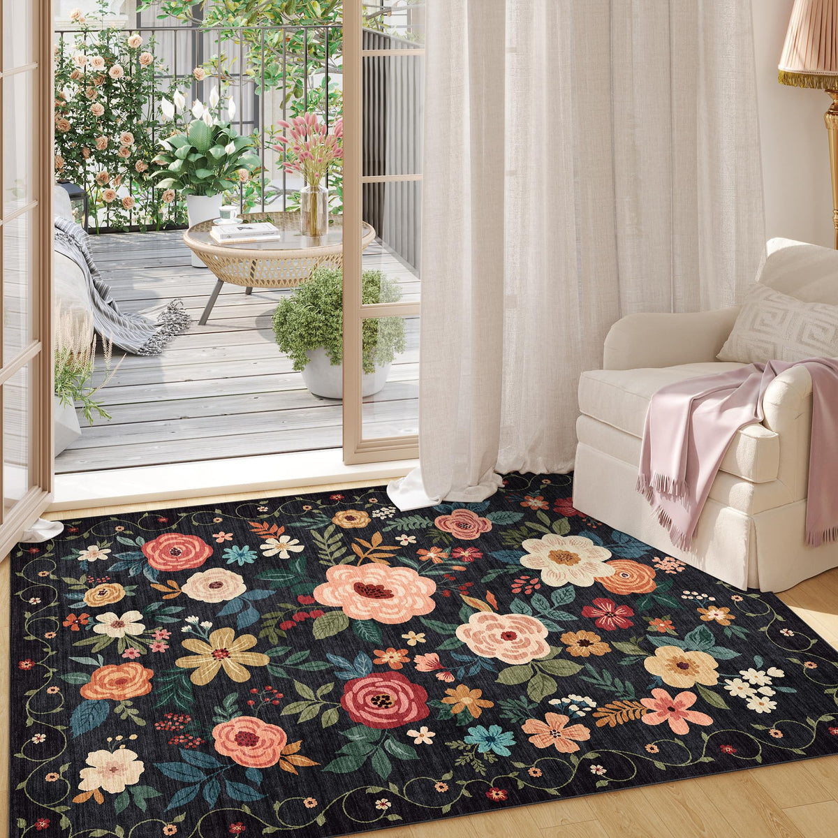 DUKINO washable floral rug cleans easily after spills or pet messes.