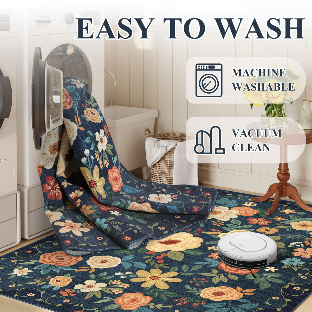 DUKINO washable rug for easy cleaning and quick stain removal.
