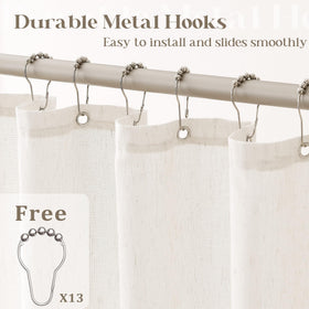 DUKIYO boho-inspired cream curtain adds neutral warmth to modern bathrooms.