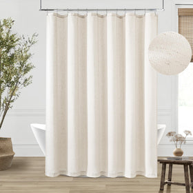 DUKIYO extra-long linen shower curtain in cream with ivory birch accents enhances bath style.