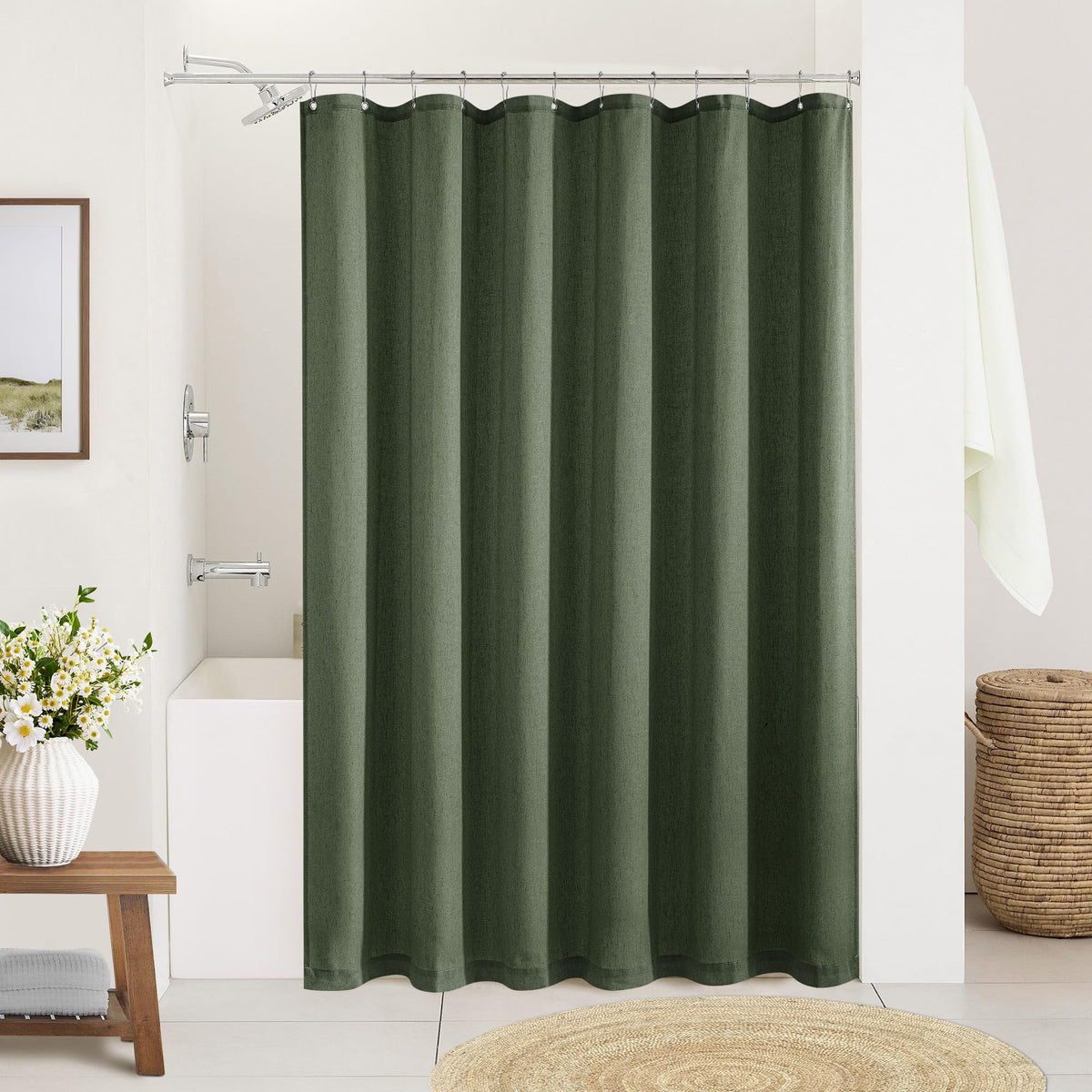 DUKIYO olive green linen curtain texture close-up with durable weave