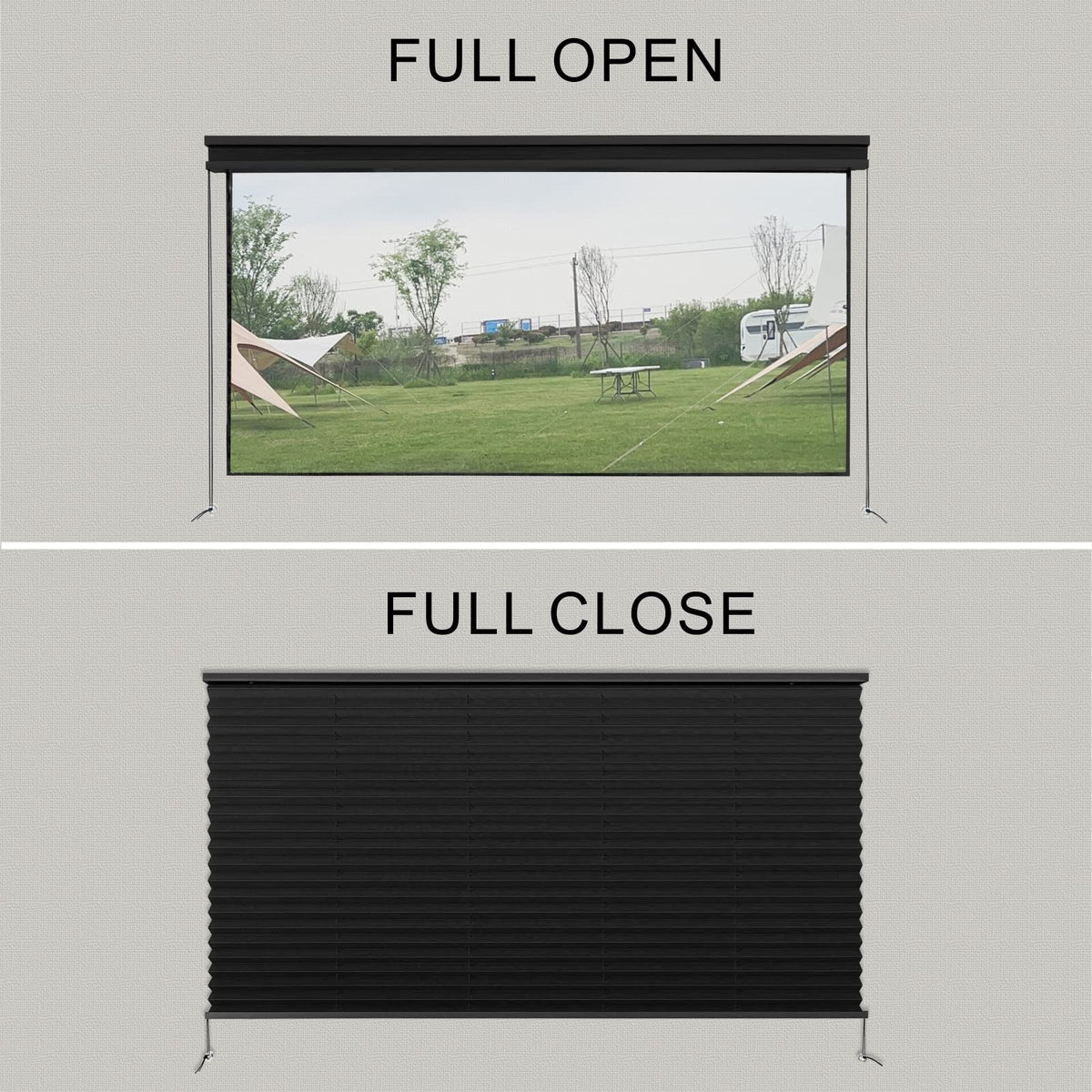 Dulepax RV blinds in a camping interior illustrating compact design.