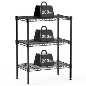 DUMOS 3-Tier wire shelf front view highlighting robust steel construction for sturdy storage
