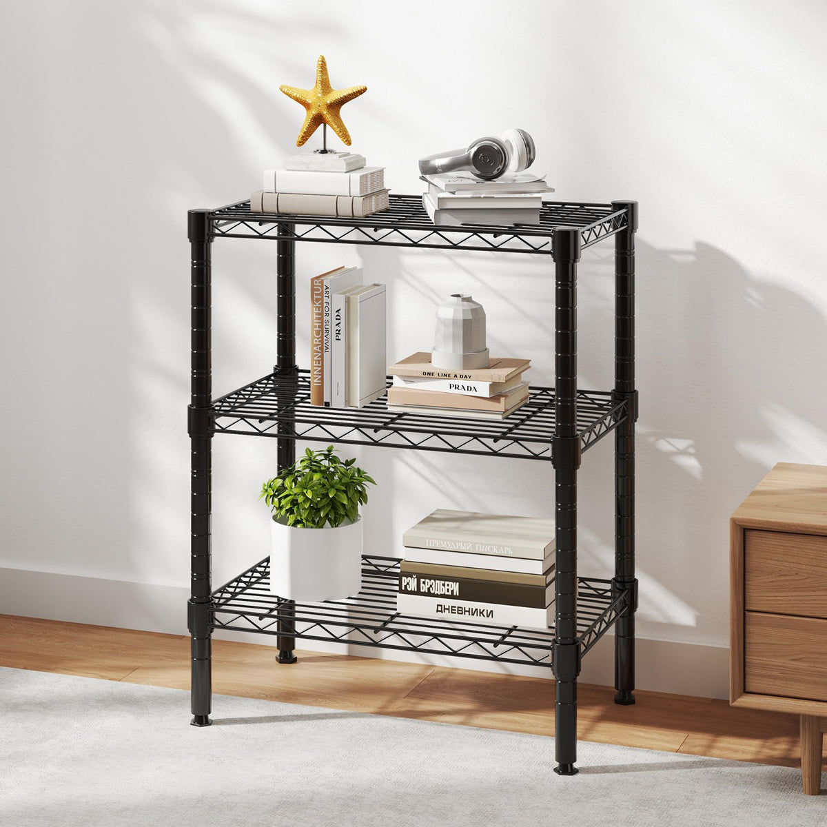 DUMOS 3-Tier wire shelf garage kitchen use proves space-saving organization