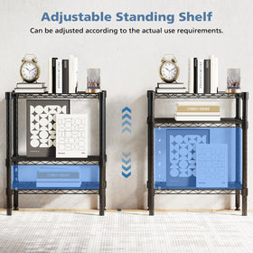 DUMOS 3-Tier wire shelf side view emphasizing adjustable height and versatile organization