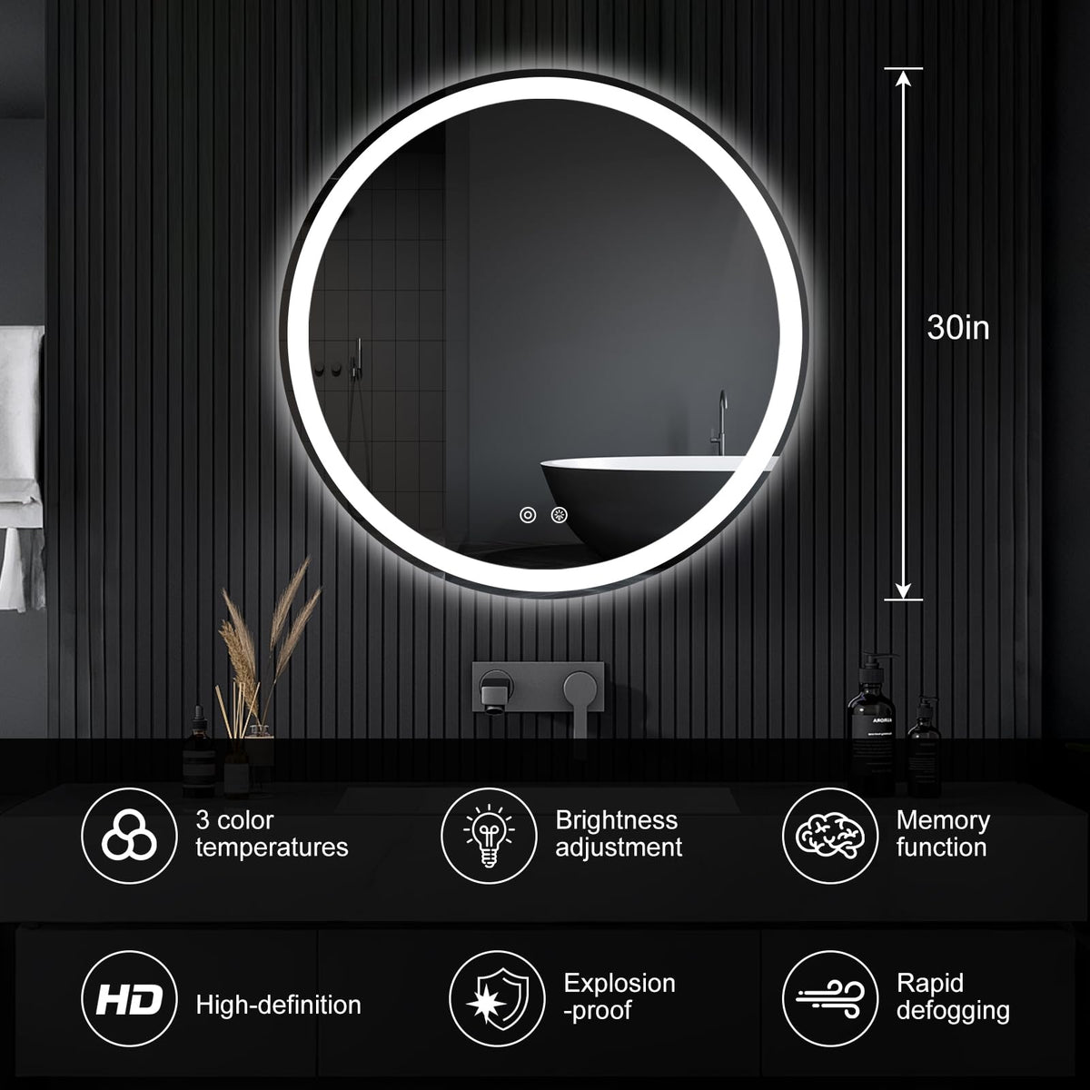DUMOS round LED mirror features backlighting for ambiance and grooming