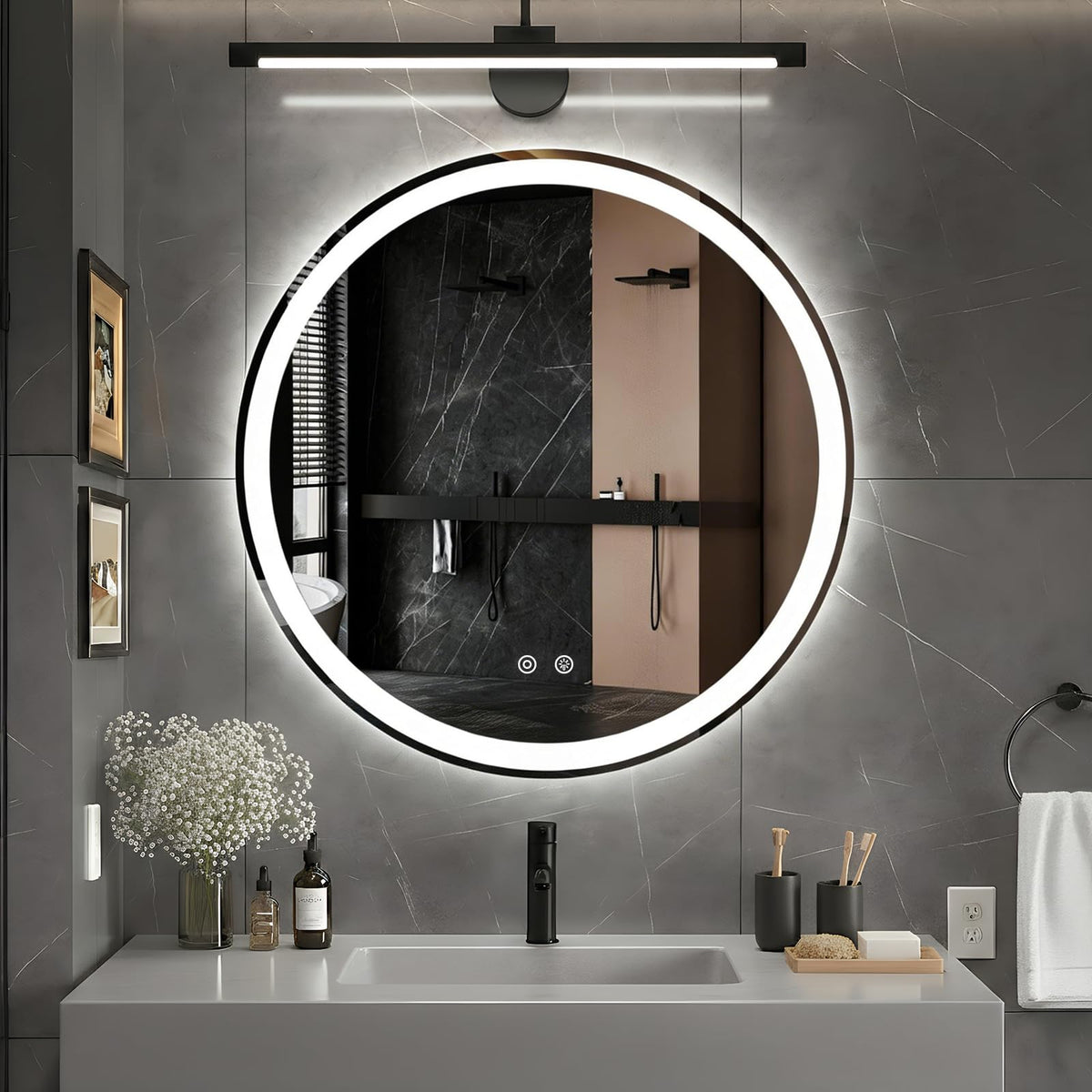 DUMOS 30-inch round LED mirror with front light for precise makeup application